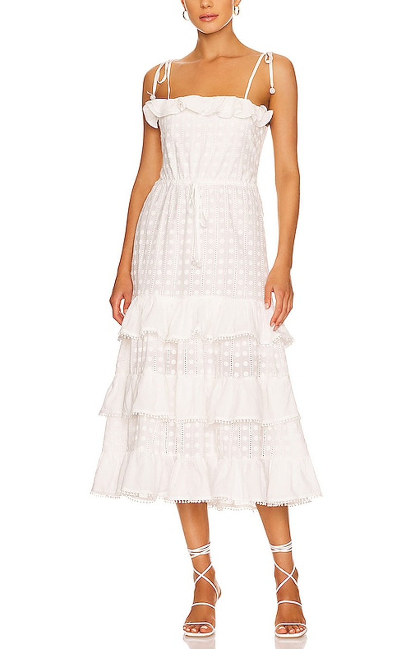 Waimari Ruffled White Romano Midi Dress Size S